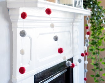 Christmas Red White and Grey Felt Ball Garland | Festive pom pom Staircase Bunting | Christmas Tree & Festive Winter Decoration