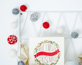 Guirnalda de Navidad de bola de fieltro escandinava / guirnalda de escalera de adorno de copo de nieve / guirnalda de invierno de temporada / decoración de invierno nórdico