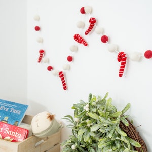 Candy Cane Felt Ball Christmas Garland | Handmade Felt Candy Cane Staircase Bunting for Christmas