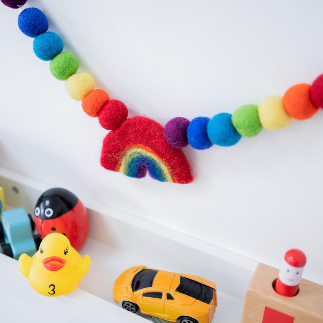 Rainbow & Felt Ball Garland | Rainbow Pom Pom Bunting | Bedroom ...