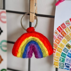 May include: A rainbow-coloured felt keychain in the shape of a rainbow arch. The keychain is hanging on a metal grid.
