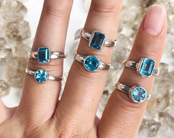 Real Swiss Blue Topaz Ring Emerald Cut / Round Cut Sterling Silver, 925 Silver Topaz Ring, Solitaire Topaz ring, Anniversary Ring
