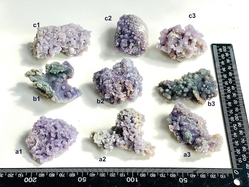 May include: Nine grape agate specimens in shades of purple and green, displayed on a white surface. A ruler, marked in centimetres, is positioned alongside the stones for size comparison.