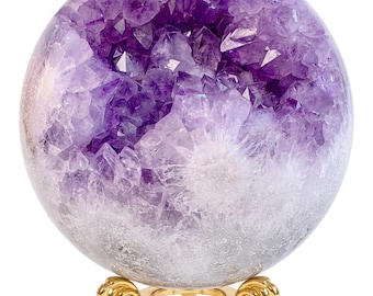 May include: A spherical amethyst geode featuring deep purple crystalline structures and a white mineral base, resting on a polished gold-toned metal stand with ornate, curved legs and a circular support ring for stability.