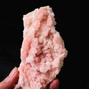 Puede incluir: Espécimen mineral rosa y blanco con estructura cristalina. El mineral tiene una superficie rugosa y texturizada. El color rosa es dominante, con formaciones cristalinas blancas. Fondo negro.
