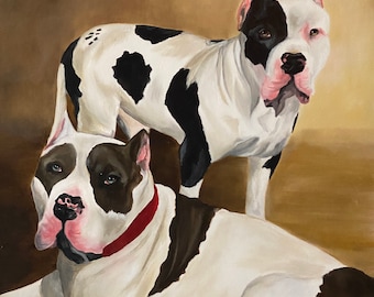 May include: A painting of two white and black pit bull dogs. One dog is lying down and the other is standing. The dog lying down has a red collar.