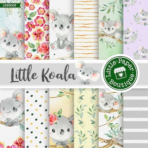 Koala Digital Paper, Koala Patterns, Design your own Birthday Party Printables, Baby Shower Invitations Teal Pink Turquoise Grey Australia