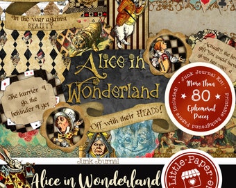 Alice in Wonderland (Watercolor) Classic Digital Junk Journal Kit (FULL KIT) with Scrapbook Printable Papers and Tickets for COMMERCIAL Use