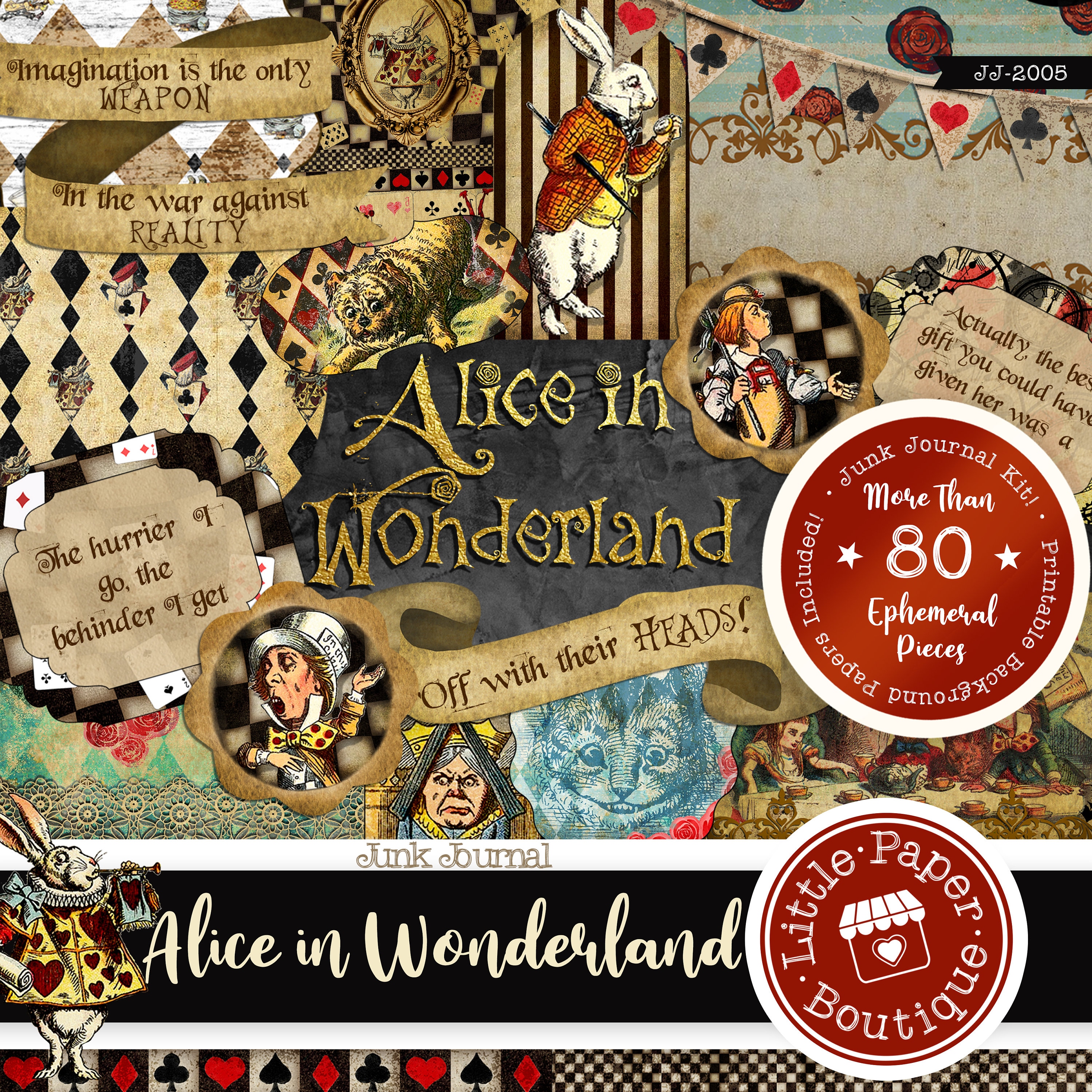 Alice in Wonderland (aquarel) Classic Digital Junk Journal Kit (VOLLEDIGE KIT) met plakboek afdrukbare papieren en kaartjes voor COMMERCIEEL gebruik
