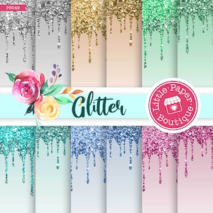 Op de afbeelding: Digitaal papierpakket met 10 verschillende glitterpatronen in verschillende kleuren, waaronder zilver, goud, teal, blauw, roze en groen. De patronen hebben een druppelend effect, wat een glinsterende en feestelijke uitstraling creëert. De tekst "Glitter" wordt weergegeven op een wit banner met een bloemenontwerp.