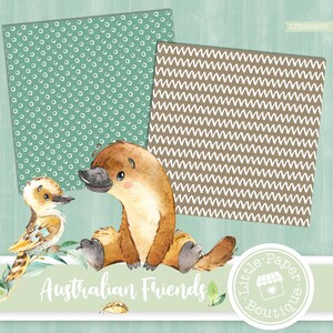 May include: A digital paper pack featuring two illustrated animals, a platypus and a kookaburra, with the text "Australian Friends" and a logo for "Little Paper Boutique". The background features two patterns, one with white circles on a teal background and the other with white wavy lines on a brown background.