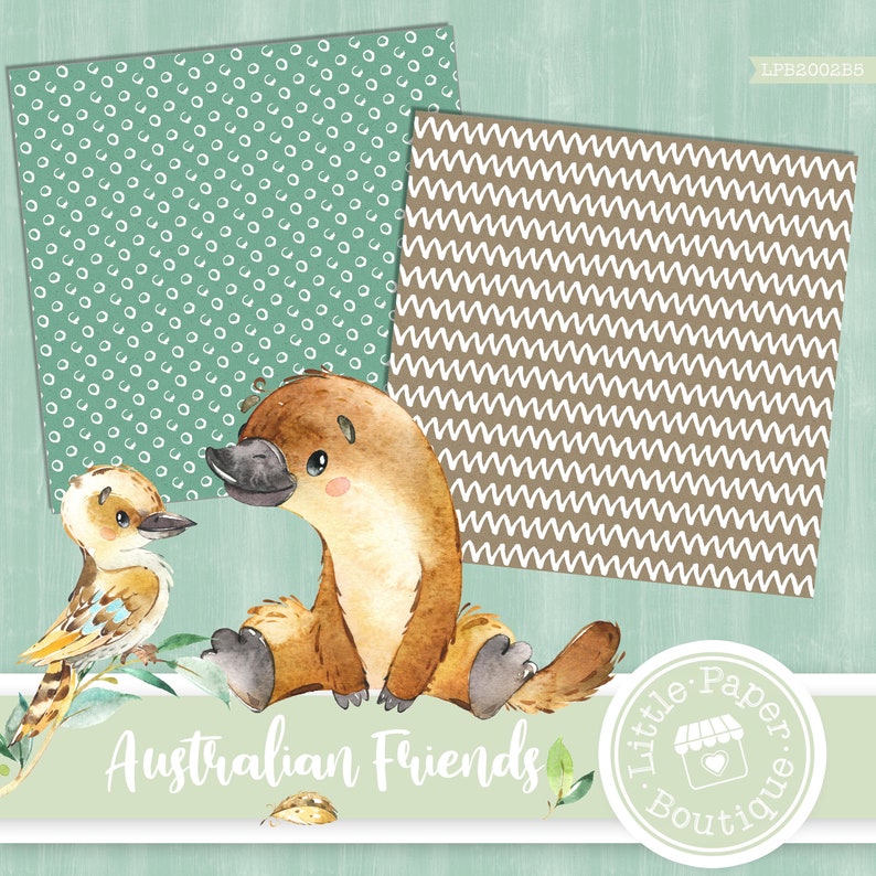 May include: A digital paper pack featuring two illustrated animals, a platypus and a kookaburra, with the text "Australian Friends" and a logo for "Little Paper Boutique". The background features two patterns, one with white circles on a teal background and the other with white wavy lines on a brown background.