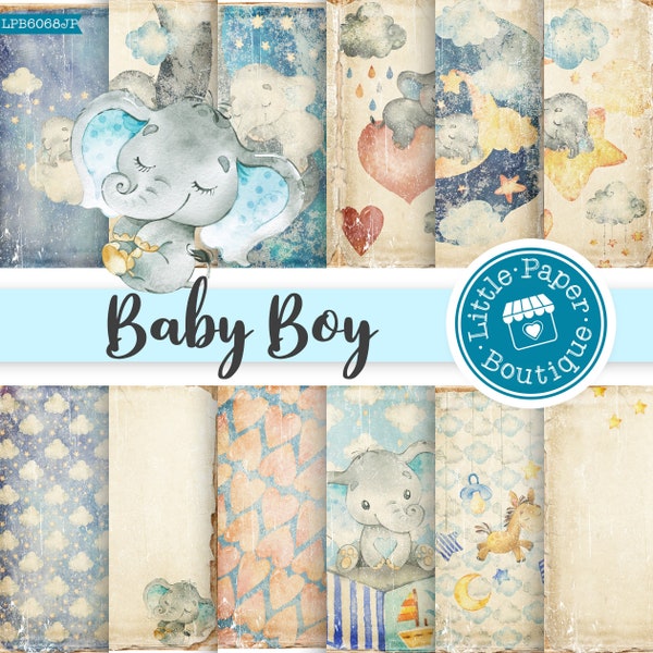 Baby Elephant Boy Digital Junk Journal Elements Clipart Background Papers (Letter Size Scrapbook Printable Scrapbook Pages Instant Download)