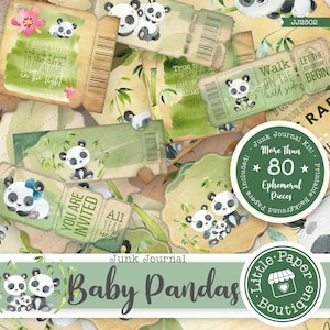 Simpatico kit di diario spazzatura per la famiglia dei panda (KIT COMPLETO) Documenti di sfondo della foresta di bambù del panda con effimeri digitali dei cuccioli di panda per scrapbooking