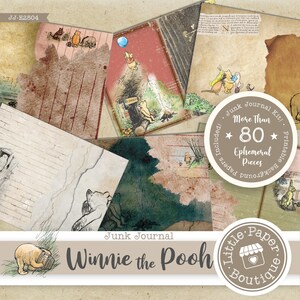 May include: A digital junk journal kit featuring Winnie the Pooh characters. The kit includes over 80 printable ephemera pieces, including backgrounds and papers. The kit is designed for use in scrapbooking, card making, and other paper crafts.