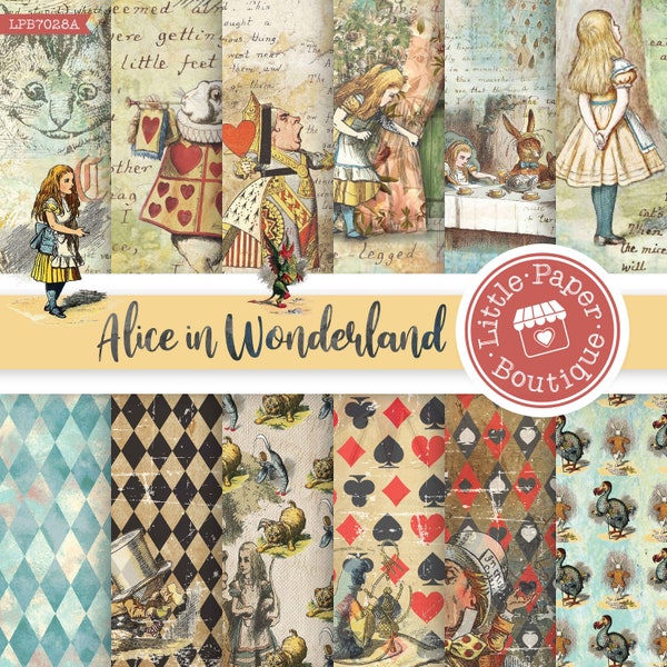 Vintage Alice in Wonderland Classic Illustrations Set, Vintage Alice In Wonderland Scrapbooking Images Mad Hatter Tea Party Background