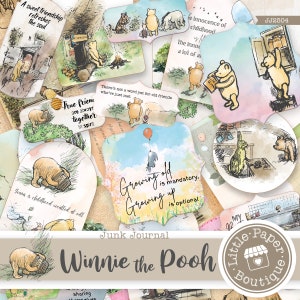 May include: A collection of Winnie the Pooh themed digital printable junk journal cards. The cards feature watercolor illustrations of Winnie the Pooh and his friends, along with inspirational quotes. The cards are perfect for adding a touch of whimsy to your journal.