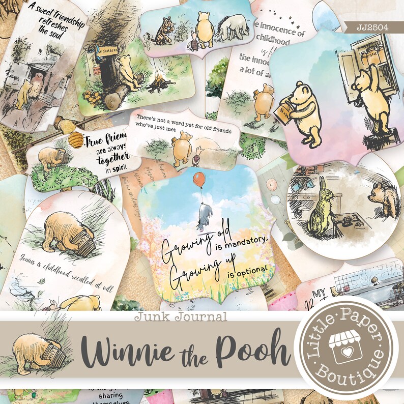 May include: A collection of Winnie the Pooh themed digital printable junk journal cards. The cards feature watercolor illustrations of Winnie the Pooh and his friends, along with inspirational quotes. The cards are perfect for adding a touch of whimsy to your journal.