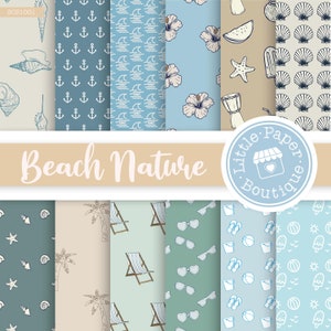 May include: A set of 10 digital paper patterns featuring beach and nature themes. The patterns include seashells, anchors, waves, hibiscus flowers, palm trees, sunglasses, beach chairs, flip flops, beach balls, ice cream cones, and the text "Beach Nature".