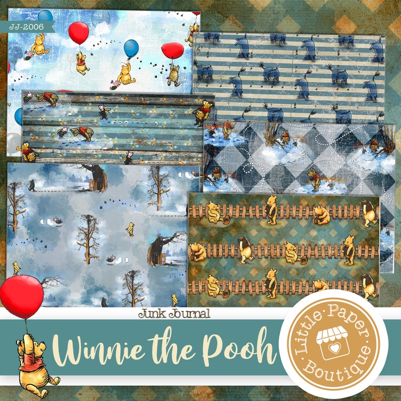 May include: A set of digital papers featuring Winnie the Pooh characters in various scenes. The papers include a blue and white striped pattern, a blue and white checkered pattern, a blue and white pattern with Winnie the Pooh characters holding balloons, a blue and white pattern with Winnie the Pooh characters walking in a snowy forest, and a blue and green pattern with Winnie the Pooh characters walking along a fence. The papers are labeled "Junk Journal Winnie the Pooh" and "Little Paper Boutique".