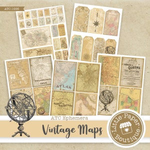 Junk Journal ATC Karten, 8 Vintage ATC, Junk Journal Karten, Ephemera, Scrapbooking, Floral, Vintage Maps Label, Tags, Instant Download