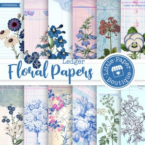 Floral Digital Junk Journal Pages, Shabby Chic Digital Paper Pack, Roses Scrapbook vintage floral printable backgrounds Spring floral