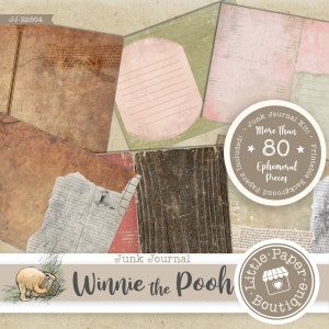 May include: A digital collage kit for junk journaling featuring Winnie the Pooh. The kit includes over 80 pieces of ephemera, including papers, backgrounds, and more. The kit is designed by Little Paper Boutique.