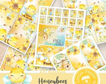 Honeybee junk journal kit printable vintage Japanese ATC, vintage, journal kit, junk journal, ATC cards, horizontal collage sheets, ATC back