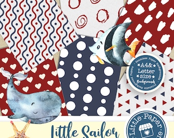 SEAMLESS A4 Letter Nautical Scrapbook Papers with Sail Boats Sailor Hats Anchor Patterns,Coastal Ocean Digital Paper Baby Showers Birthdays