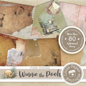 May include: A digital junk journal kit featuring Winnie the Pooh characters. The kit includes over 80 printable ephemera pieces, including backgrounds, papers, and images. The kit is designed for use in scrapbooking, card making, and other paper crafts.