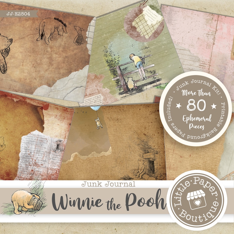 May include: A digital junk journal kit featuring Winnie the Pooh characters. The kit includes over 80 printable ephemera pieces, including backgrounds, papers, and images. The kit is designed for use in scrapbooking, card making, and other paper crafts.