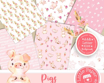 SEAMLESS A4 Letter Pig Piglet Farmland Digital Paper and Clip Art, Farm Animal Digital Scrapbook Paper, Barnyard Digital Paper Pack, Farm