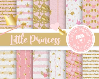 May include: A set of 8 digital paper patterns featuring pink and gold colors with various designs including hearts, stars, crowns, and stripes. The text "Little Princess" and "Little Paper Boutique" is included in the image.
