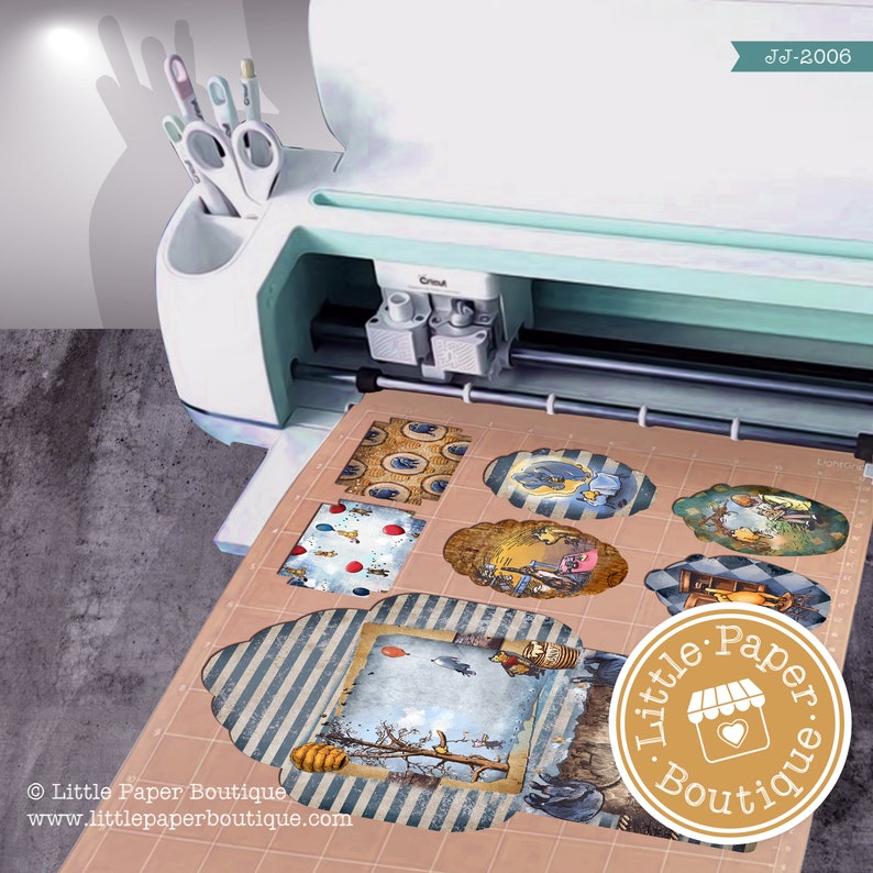 May include: A close-up of a Cricut cutting machine cutting out paper shapes. The shapes are various designs featuring Winnie the Pooh characters. The paper is on a brown cutting mat. The machine is white and teal. The image also includes a logo for Little Paper Boutique.