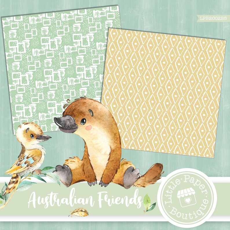 May include: Digital paper pack featuring two watercolor illustrations of Australian animals: a platypus and a kookaburra. The background patterns are green and yellow with geometric designs. The text "Australian Friends" is at the bottom of the image.