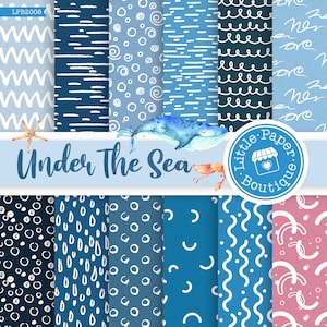 Puede incluir: Un conjunto de 10 patrones de papel digital con varios diseños náuticos azules y blancos. Los patrones incluyen olas, rayas, círculos y otras formas abstractas. El título "Under The Sea" se muestra en el centro de la imagen, junto con una ballena y una langosta. El texto "Little Paper Boutique" se muestra en un círculo con un icono de tienda.