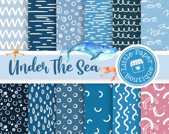Ocean Friends, Marine Life, Sea Creatures, Digital Paper Pack Ocean Waves Digital Background Printable Beach Blue Scrapbook Paper Water Sea