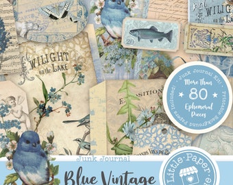 Vintage French Blue Digital Junk Journal Kit (FULL KIT) with Scrapbook Printable Papers, Tickets and Ephemera for COMMERCIAL Use