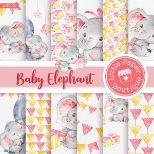 Baby Girl Digital Paper, Baby Presents, Baby Shower, Baby Elephant, Scrapbook Paper, Digital Paper, Elephant Digital Paper, Chevron Balloons