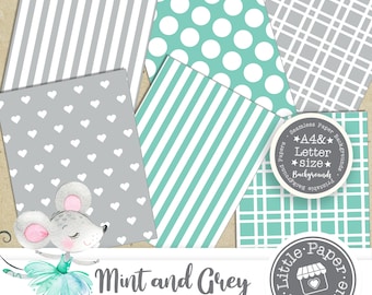 SEAMLESS Mint Digital Paper Pack, Grey Digital Scrapbook Paper Pack, Mint Chevron Digital Paper, Instant Download Green Paper Geometric