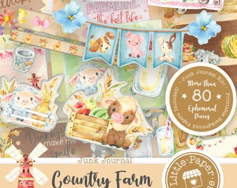 Kit de journal numérique indésirable avec les animaux de la ferme (KIT COMPLET) avec des papiers imprimables de scrapbooking, des billets et des documents éphémères pour une utilisation commerciale