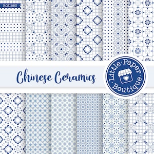 SEAMLESS Vintage Chinese Backgrounds Art digital paper pack. Blue and White Chinese paper, Japanese paper. Oriental paper for scrapbook art