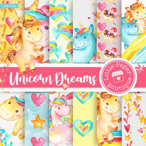 Op de afbeelding: Een set van 10 digitale papierontwerpen met aquarel illustraties van eenhoorns, harten, sterren en regenbogen. De papieren zijn perfect voor scrapbooking, kaart maken en andere knutselprojecten. De tekst "Unicorn Dreams" en "Little Paper Boutique" is in het ontwerp opgenomen.