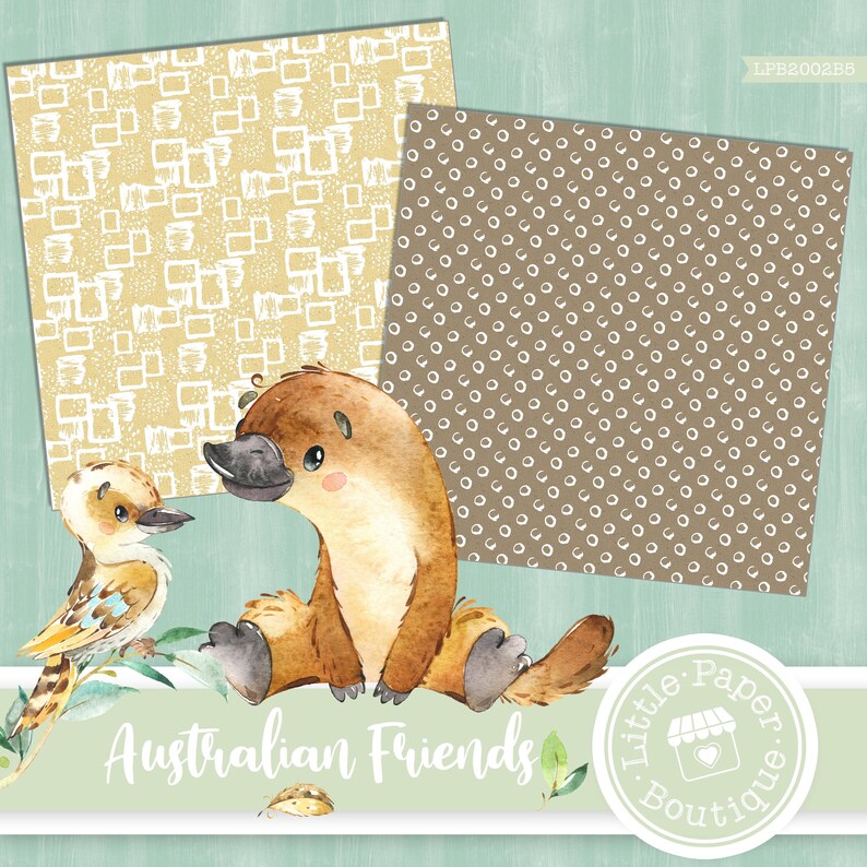May include: A digital paper pack featuring two seamless patterns with a watercolor illustration of a platypus and a kookaburra. The patterns are in shades of brown and beige. The text "Australian Friends" is written in black below the animals. The text "Little Paper Boutique" is written in a circle with a small shop icon in the bottom right corner.