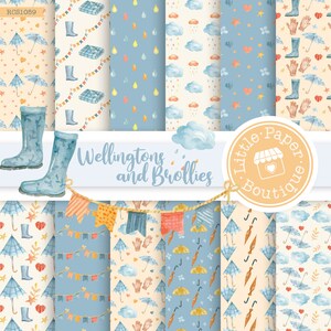 Puede incluir: Un conjunto de 10 diseños de papel digital con ilustraciones de acuarela de botas de lluvia, paraguas, nubes, gotas de lluvia y banderas de banderines. Los papeles son en tonos de azul, amarillo y crema. El texto "Wellingtons and Broillies" y "Little Paper Boutique" está incluido en el diseño.