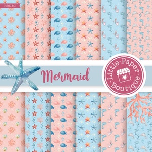 Golden Mermaid Digital Paper, Mermaid Patterns Pink and Turquoise Printable Scrapbook Paper Backgrounds Commercial Use Princess Background