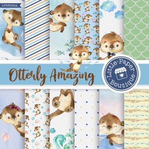 Otter scrapbook papers,Watercolor Otters,Cute Otters and Sea Creatures ,Otter Printable Paper Otter,Otter Pattern Paper,Animal Digital Paper