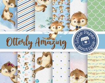 Otter scrapbook papers,Watercolor Otters,Cute Otters and Sea Creatures ,Otter Printable Paper Otter,Otter Pattern Paper,Animal Digital Paper