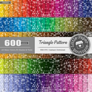 May include: A digital paper pack with 600 triangle patterns in 20 main colors, 30 shades and tints. The patterns are 300 PPI and are available for instant download. The text "Little Paper Boutique" is in a circle with a small shop icon.