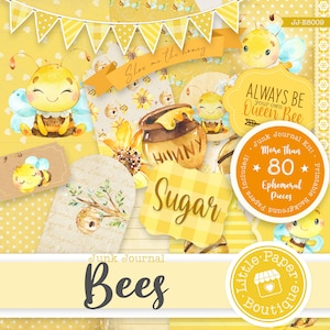 Op de afbeelding: Een digitale junk journal kit met een bijen thema. De kit bevat meer dan 80 ephemera-stukken, waaronder bijen, honingpotten, bloemen en tekstelementen. De kit is perfect voor scrapbooking, kaart maken en andere papierkunst.